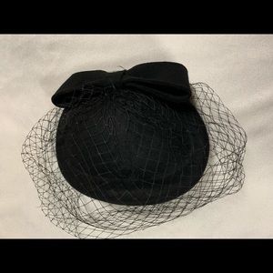 Black Wool Fascinator Hat with Veil and Chin Strap